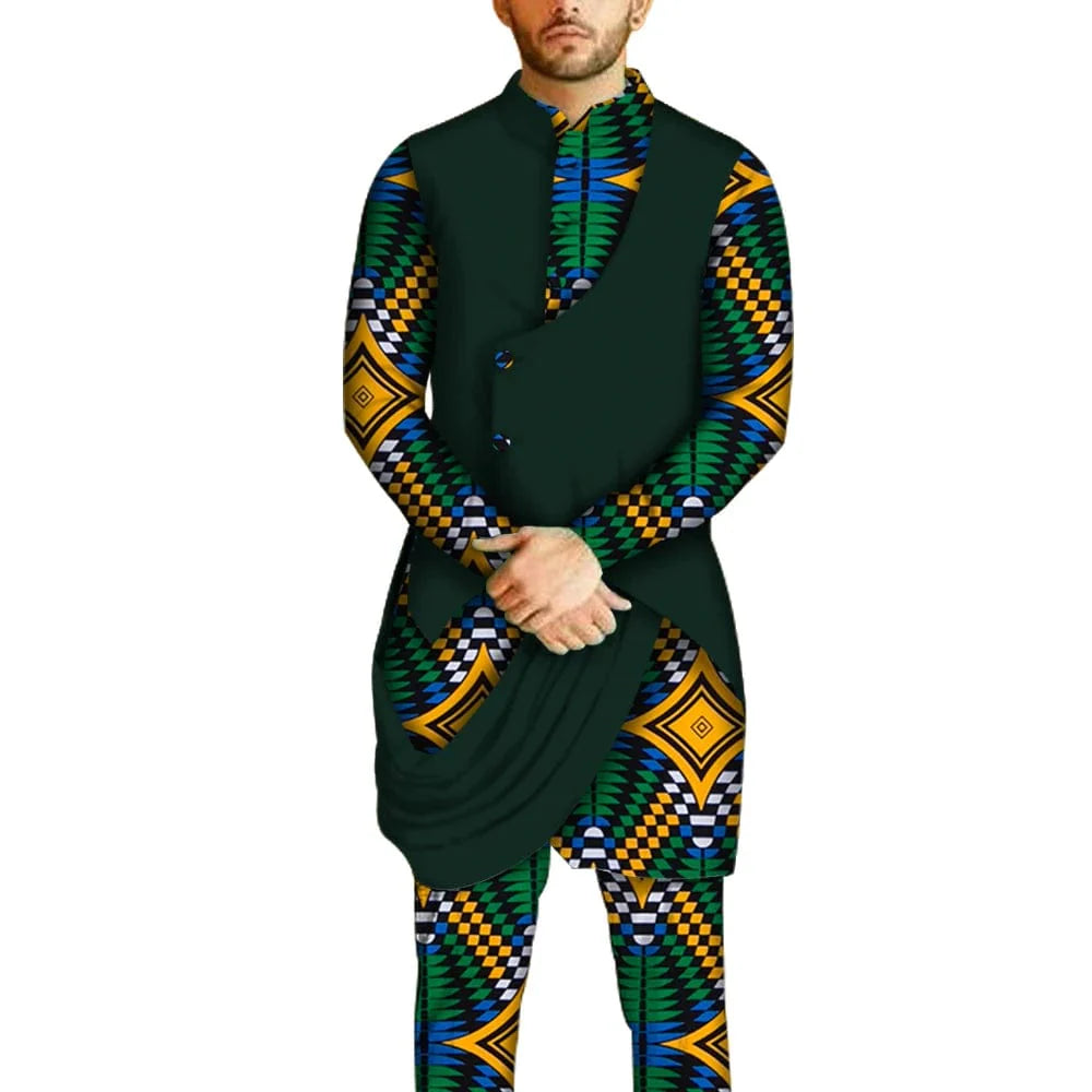African men's dashiki set with long-sleeve cotton shirt and matching pants, traditional design, SHOWLU FASHION STORE.