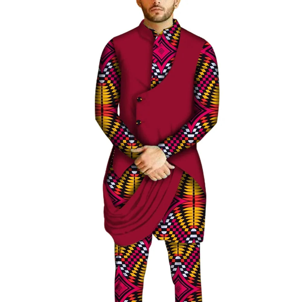 African men's BintaRealWax dashiki set by SHOWLU FASHION STORE, featuring a 100% cotton long-sleeve shirt and matching pants.