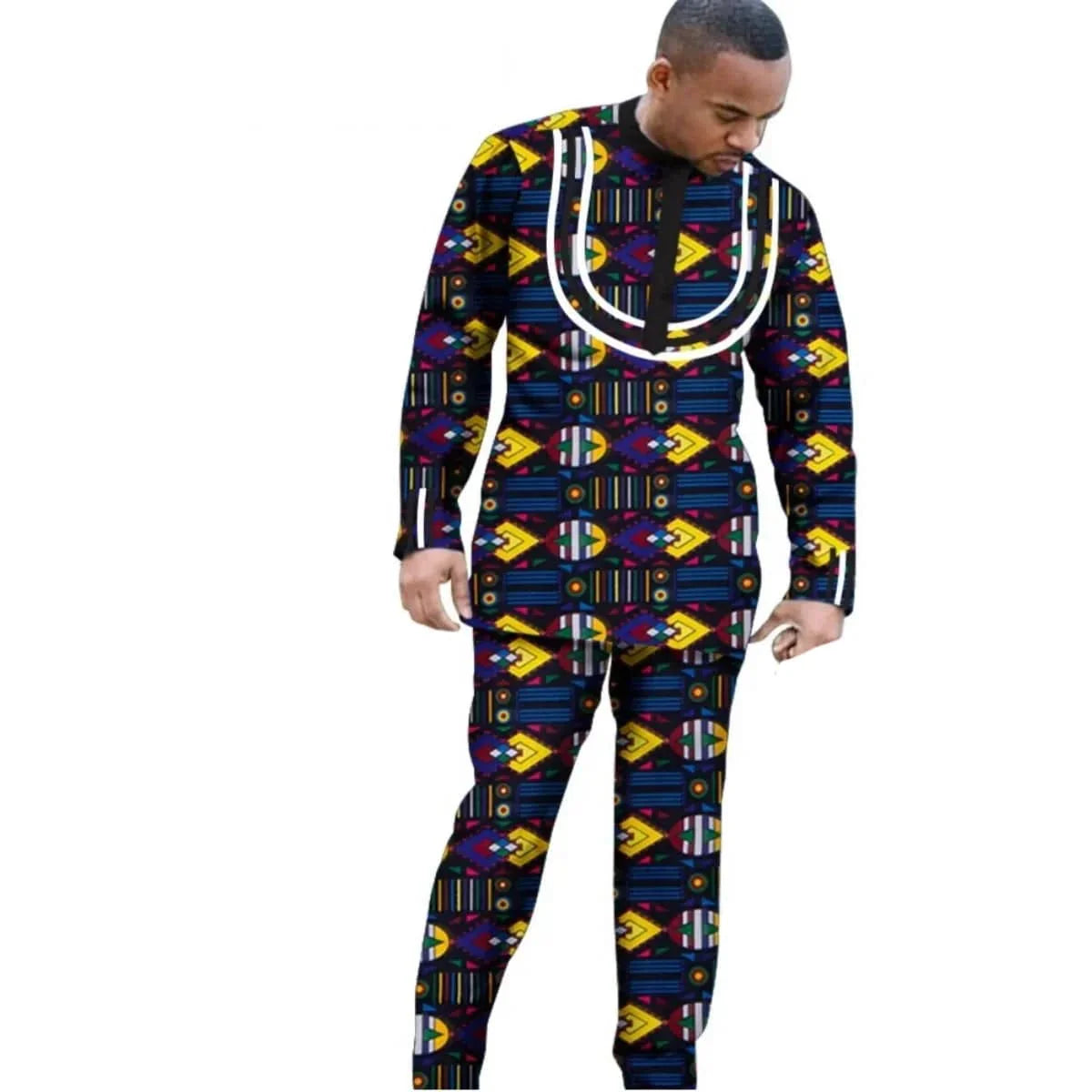 SHOWLU FASHION African Dashiki cotton long sleeve outfit set for men and boys, featuring traditional designs and slim fit style.