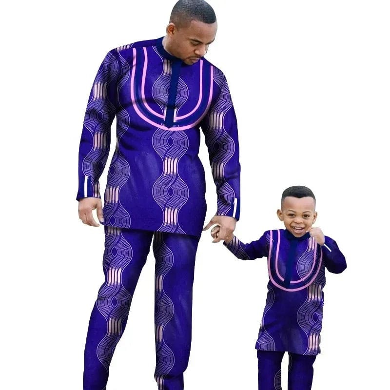 African Dashiki cotton long sleeve outfit set for men and boys, featuring traditional African style and slim fit design.