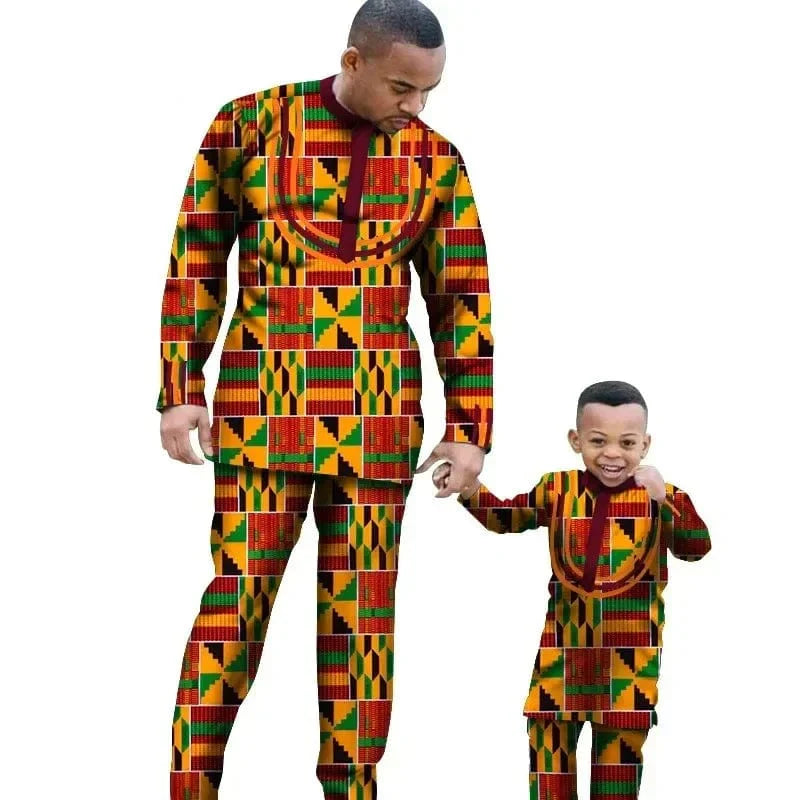 African dashiki cotton long sleeve outfit set for men and boys, featuring traditional African fashion in vibrant designs.