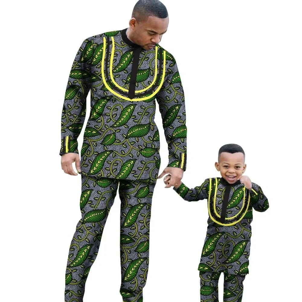African Dashiki cotton long sleeve outfit set for men and boys, featuring traditional African fashion from SHOWLU FASHION STORE.