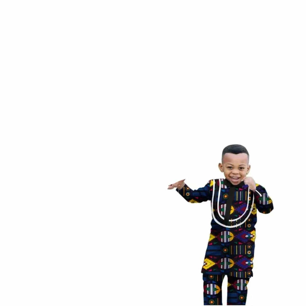 Showlu Fashion Store men's and boys African dashiki cotton long sleeve outfit set with slim fit design and vibrant patterns.