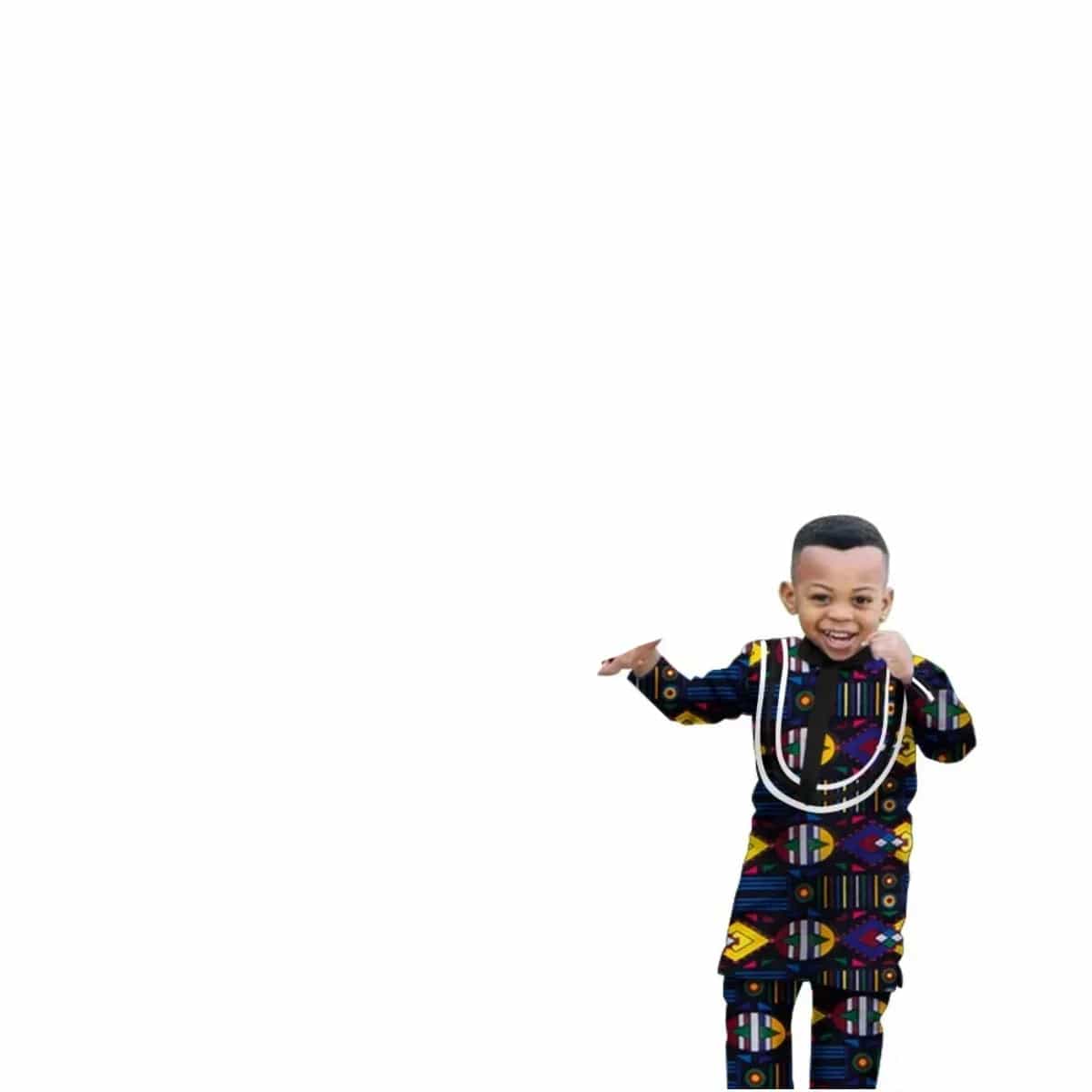 Showlu Fashion Store men's and boys African dashiki cotton long sleeve outfit set with slim fit design and vibrant patterns.
