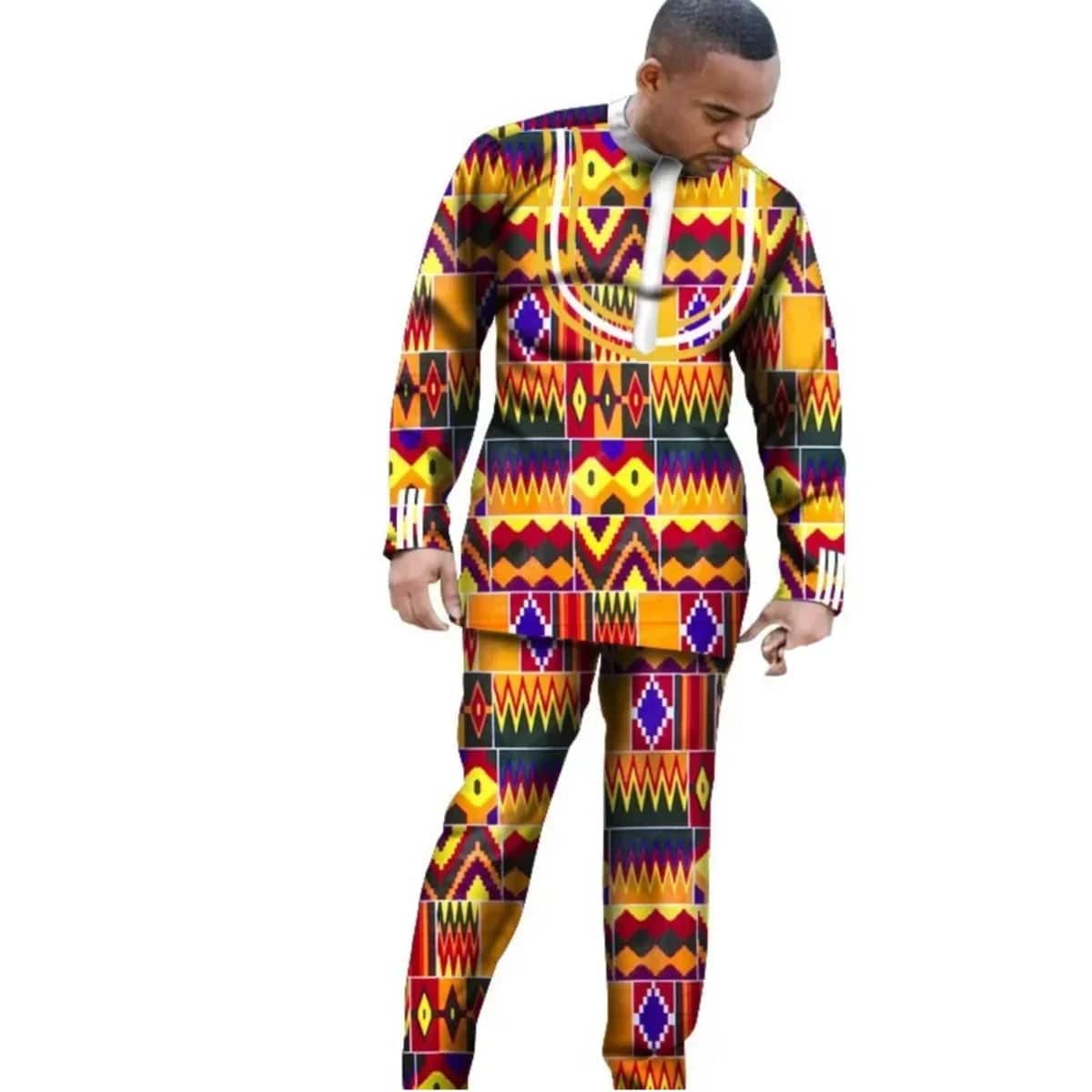 Showlu Fashion African Dashiki cotton long sleeve outfit set for men and boys, featuring vibrant traditional designs.