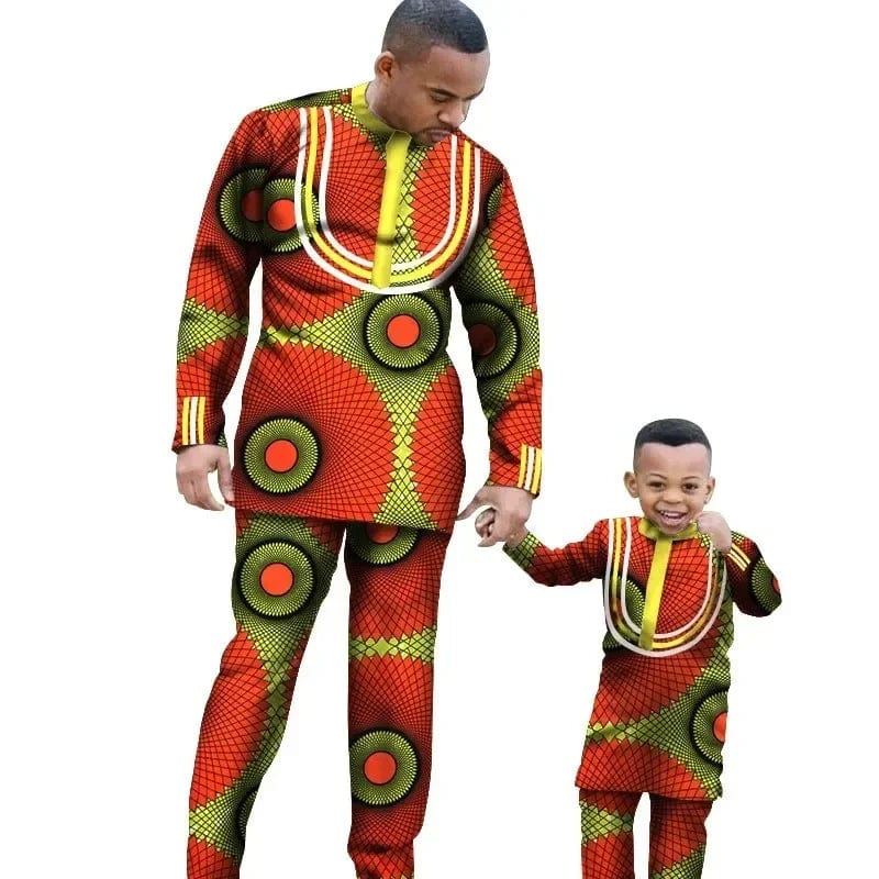 Showlu Fashion Store men's and boys' African dashiki cotton long sleeve outfit set, featuring traditional design and slim fit style.