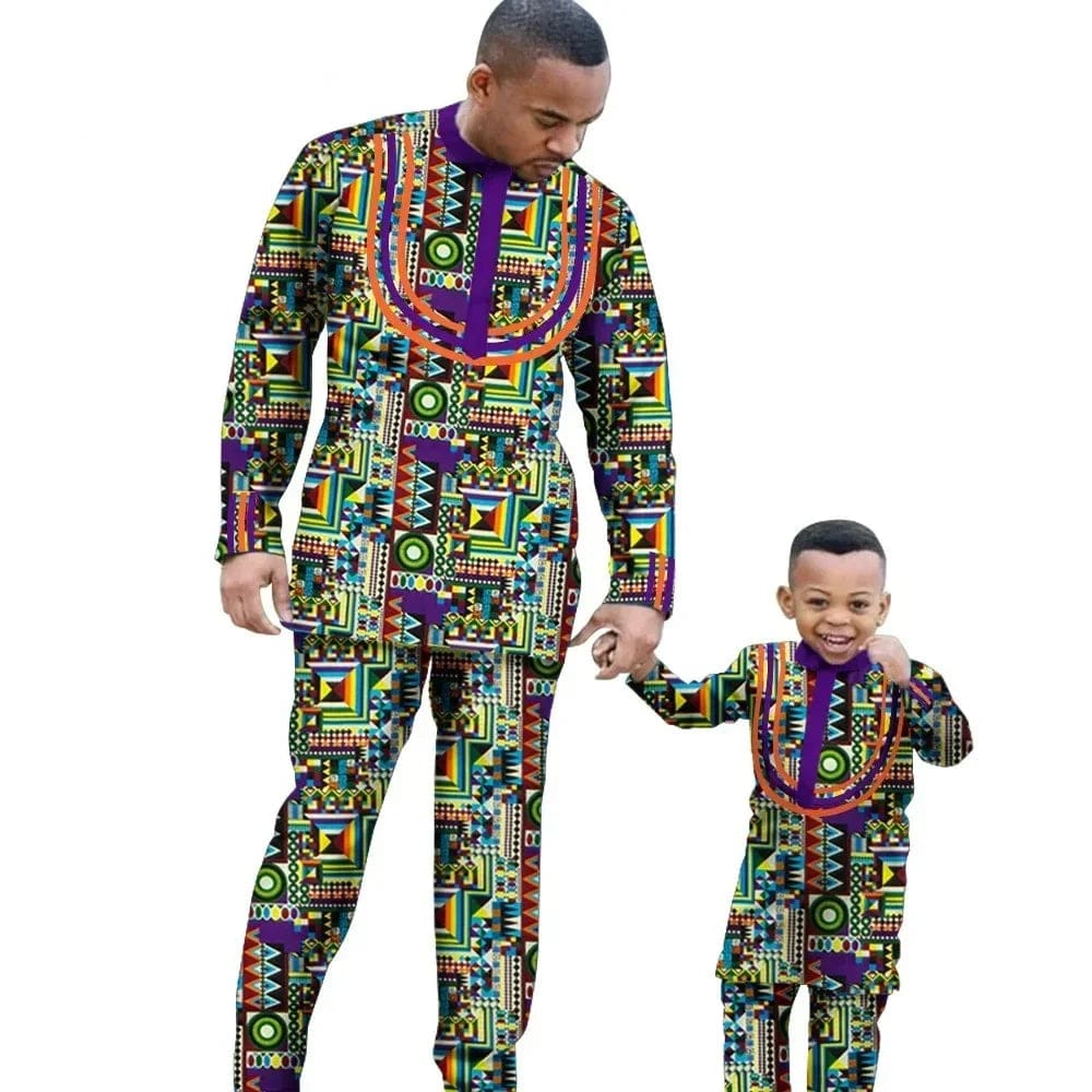 African Dashiki long sleeve outfit set for men and boys, cotton fabric, slim fit design, colorful traditional African clothing by SHOWLU FASHION.