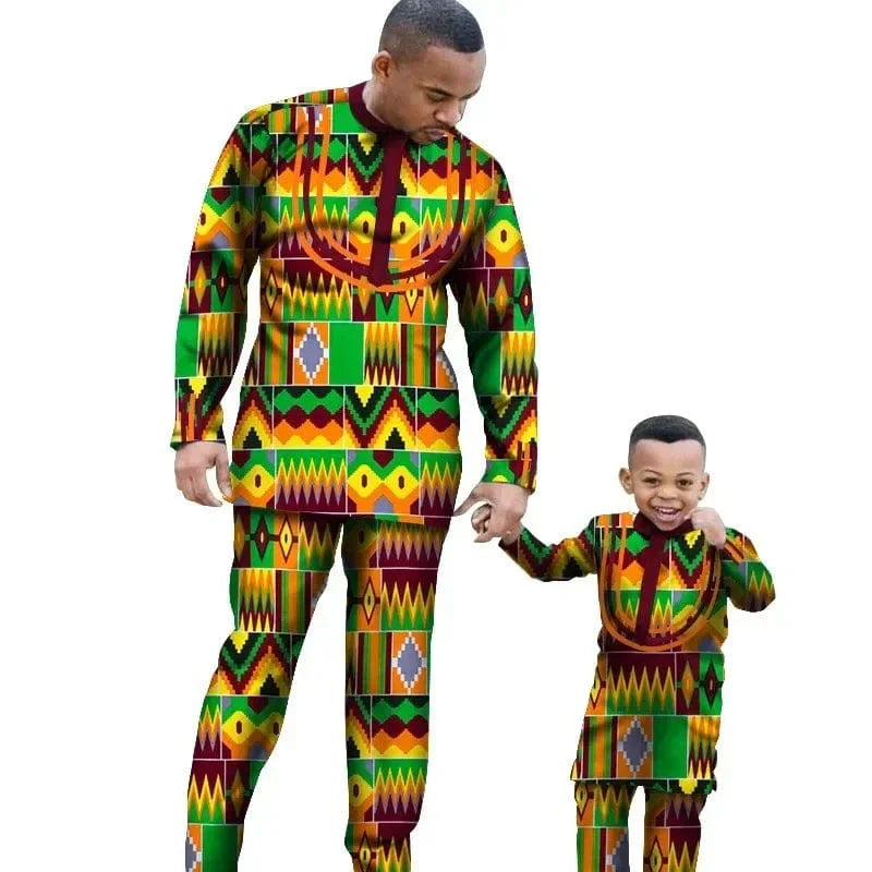 African Dashiki cotton long sleeve outfit set for men and boys, featuring traditional African-inspired design and slim fit style.