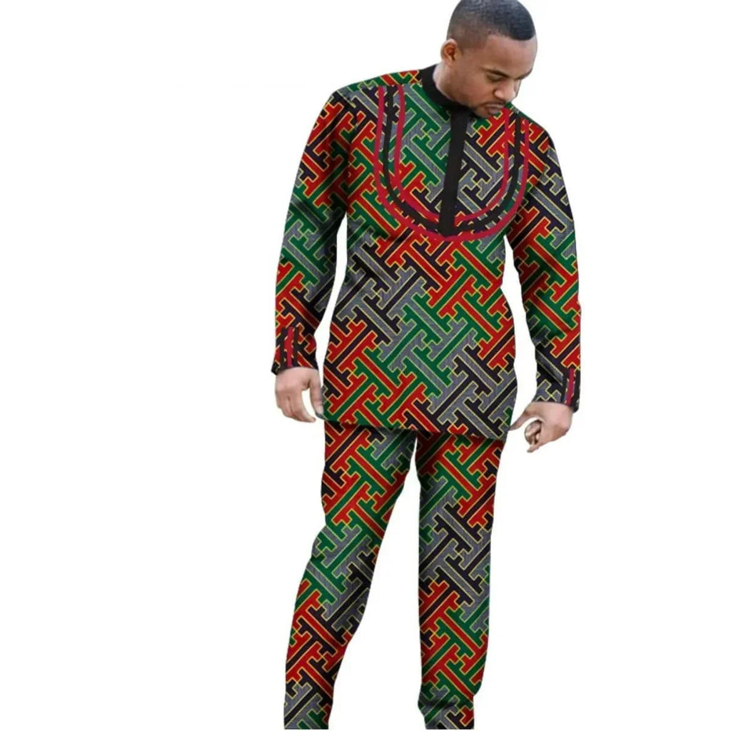 African Dashiki cotton long sleeve outfit set for men and boys, featuring traditional African design and slim fit style.