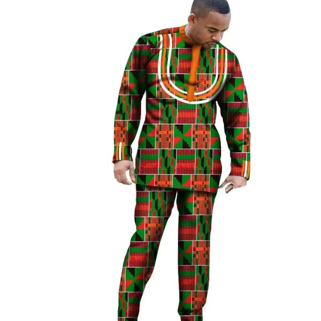 African dashiki cotton long sleeve outfit set for men and boys, featuring traditional design and slim fit, by SHOWLU FASHION STORE.