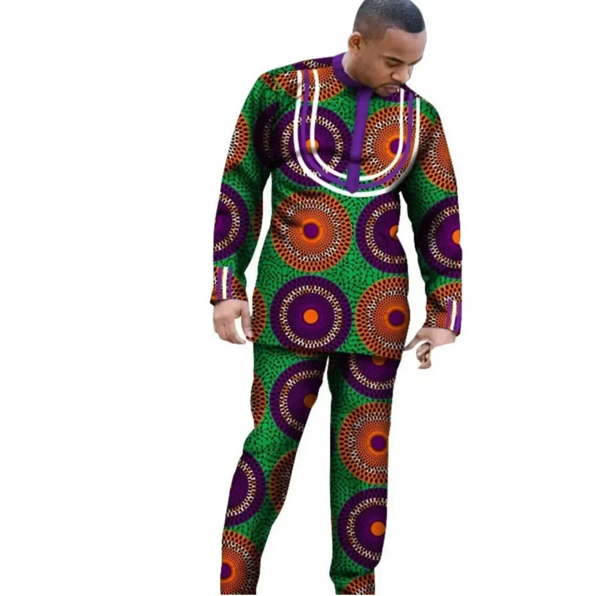 Showlu Fashion Store men's and boys' African dashiki cotton long sleeve outfit set with slim fit design and vibrant patterns.