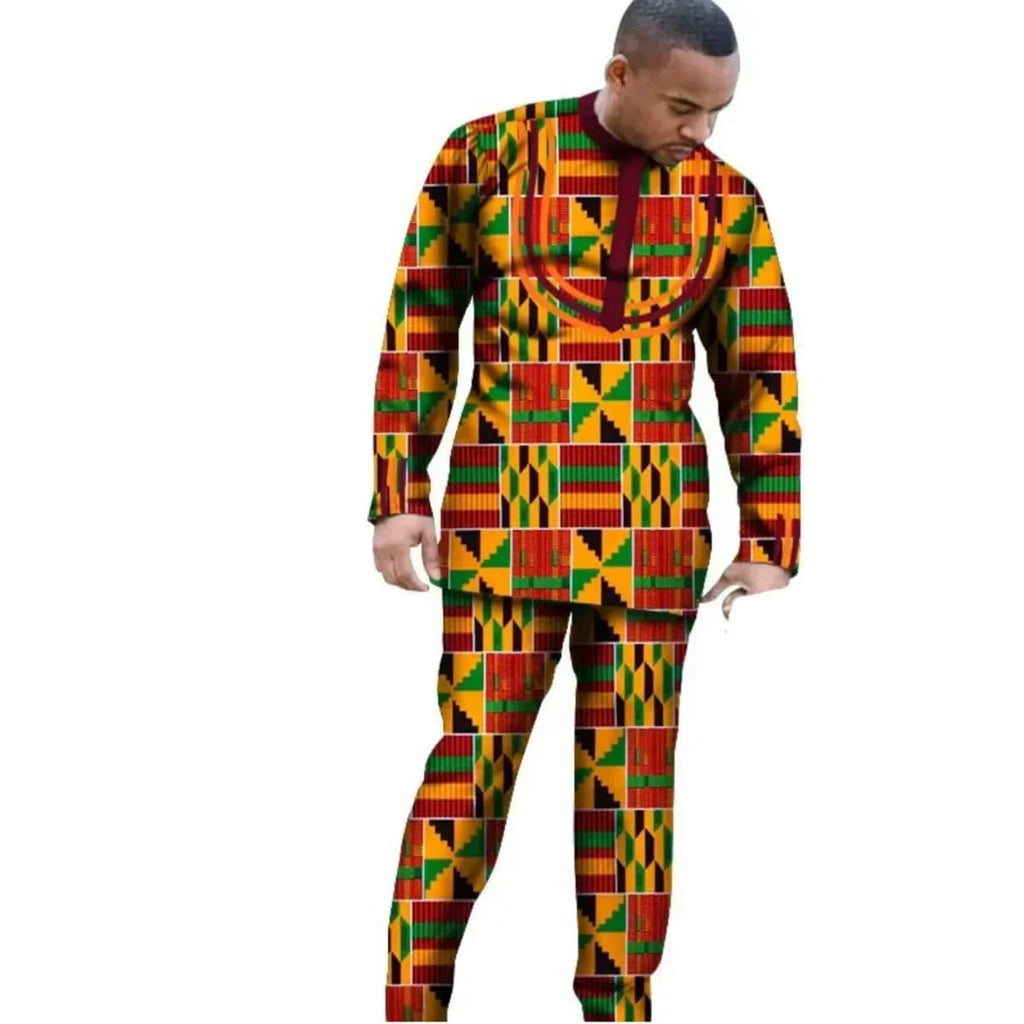 African Dashiki cotton long sleeve outfit set for men and boys, featuring traditional design and slim fit from SHOWLU FASHION STORE.