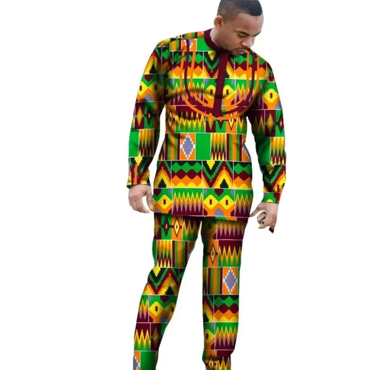 Showlu Fashion Store men's and boys' African dashiki cotton long sleeve outfit set, featuring traditional slim-fit design and vibrant patterns.
