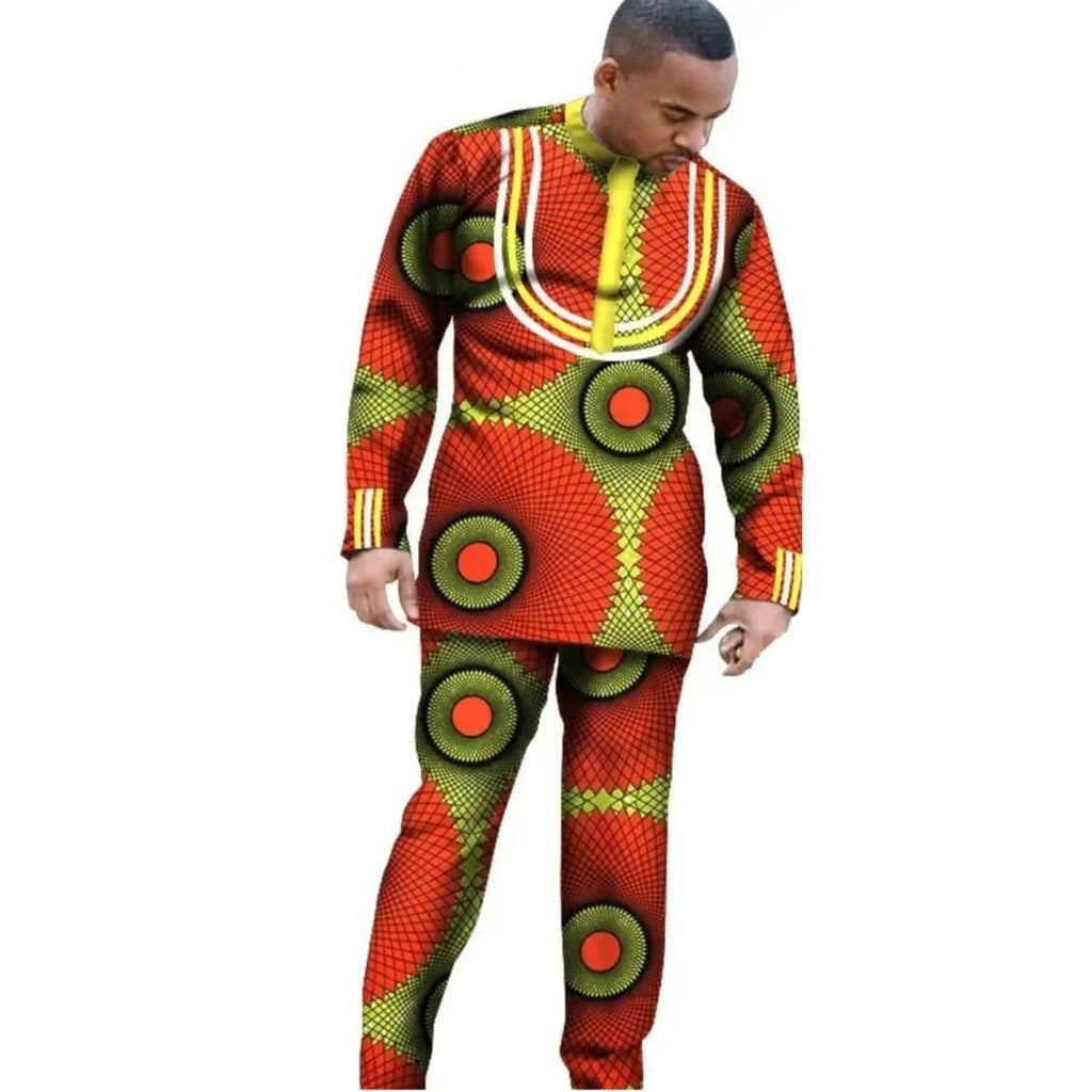 African dashiki cotton long sleeve outfit set for men and boys, featuring traditional African-inspired design and slim fit style.