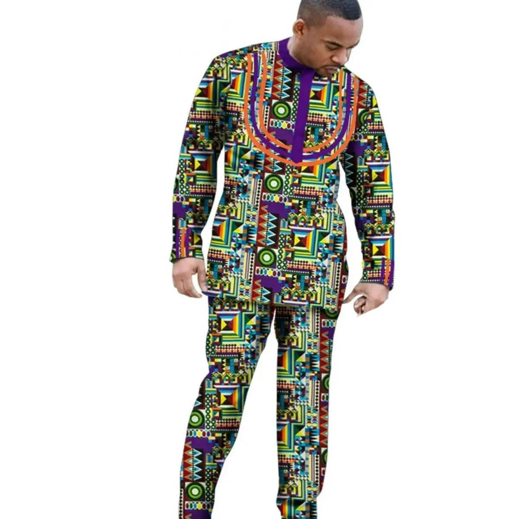 African Dashiki cotton long sleeve outfit set for men and boys, featuring vibrant traditional design and slim fit style.