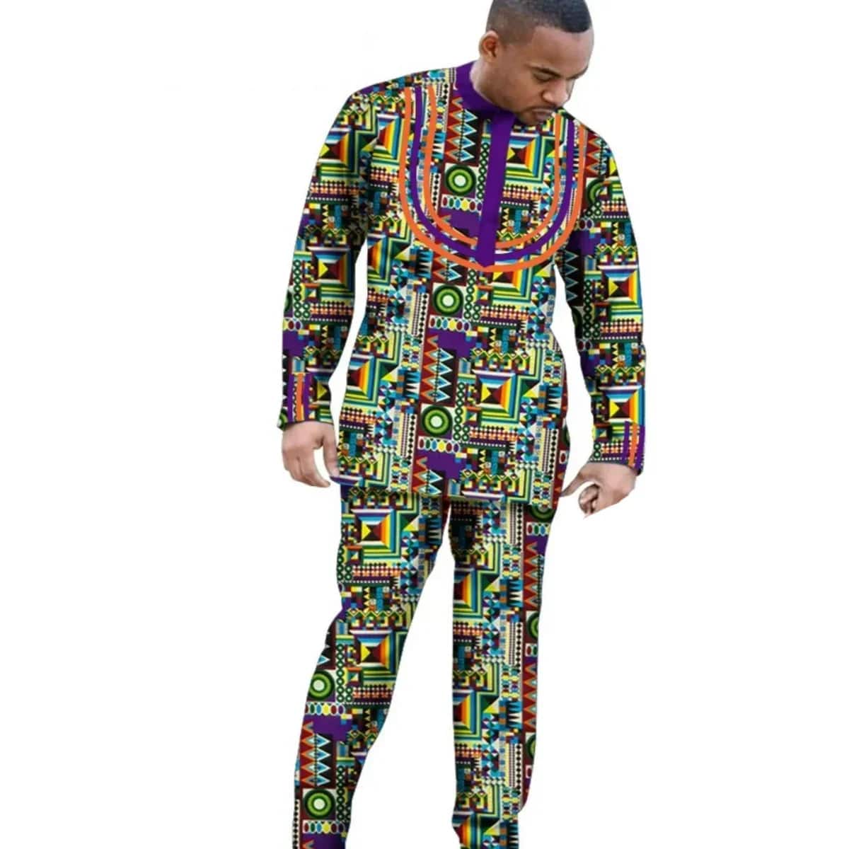 African Dashiki cotton long sleeve outfit set for men and boys, featuring vibrant traditional design and slim fit style.
