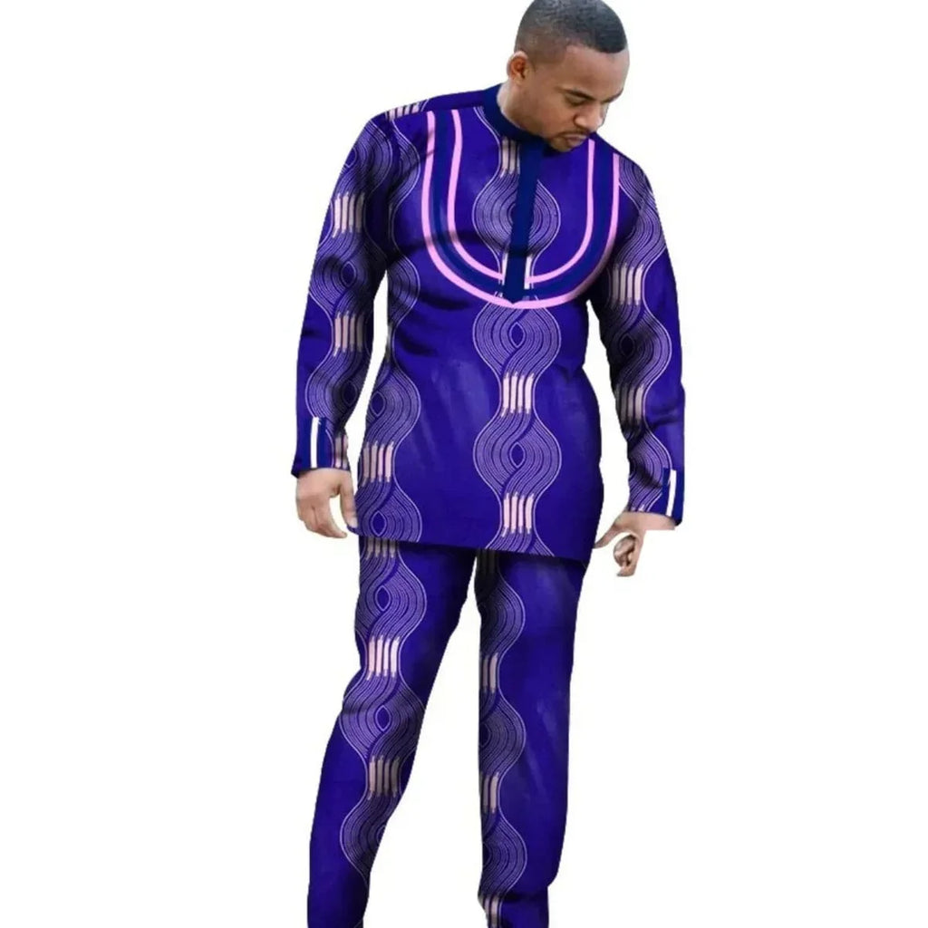 African Dashiki cotton long sleeve outfit set for men and boys, featuring traditional slim-fit design in vibrant colors.