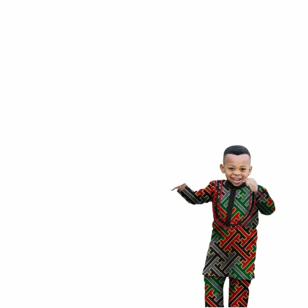 African Dashiki cotton long sleeve outfit set for men and boys, featuring traditional African patterns and slim fit design.