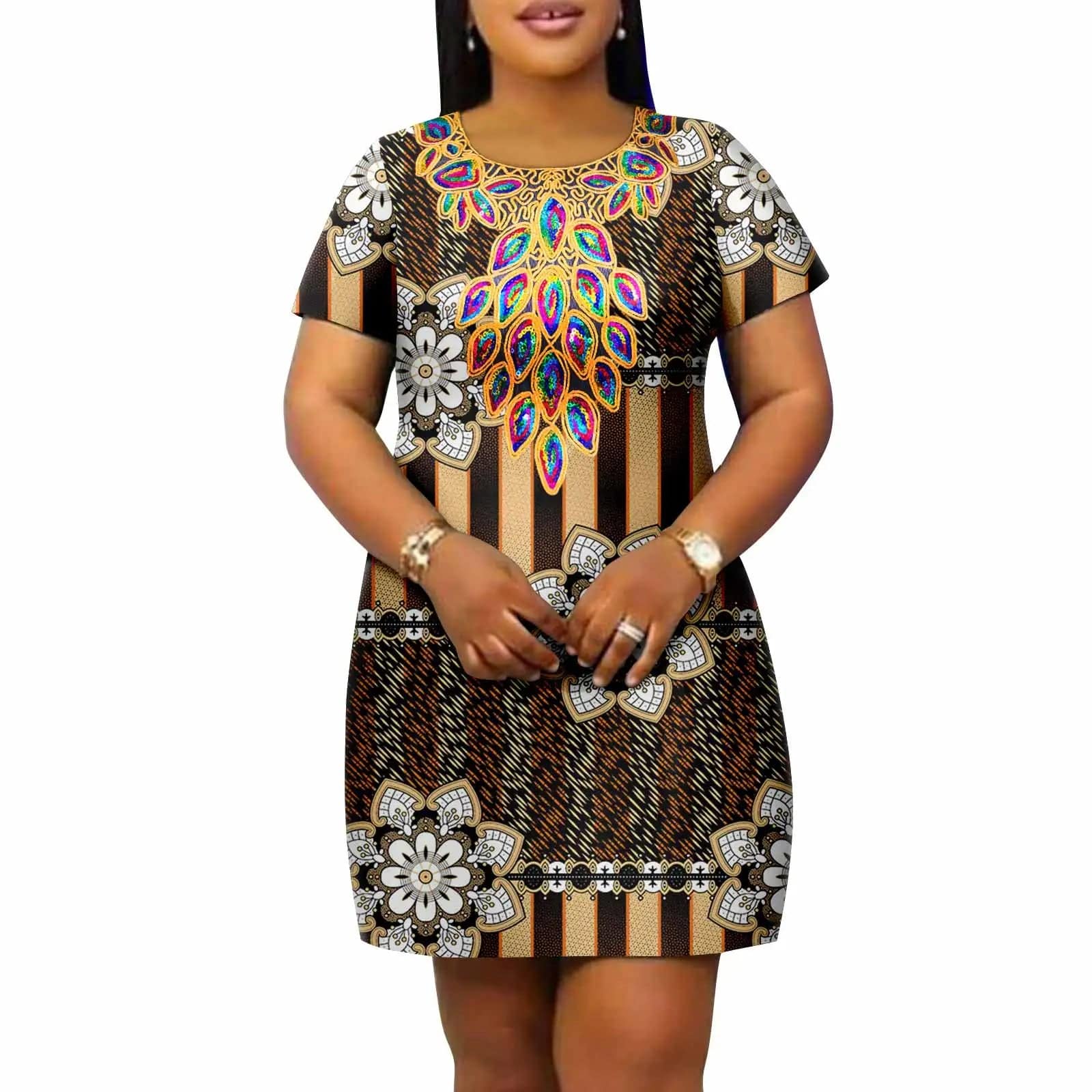 SHOWLU FASHION STORE African Women's Plus Size Dress Casual Style Ankara Printed Fabric Loose Round Neck Casual Dress A2225145