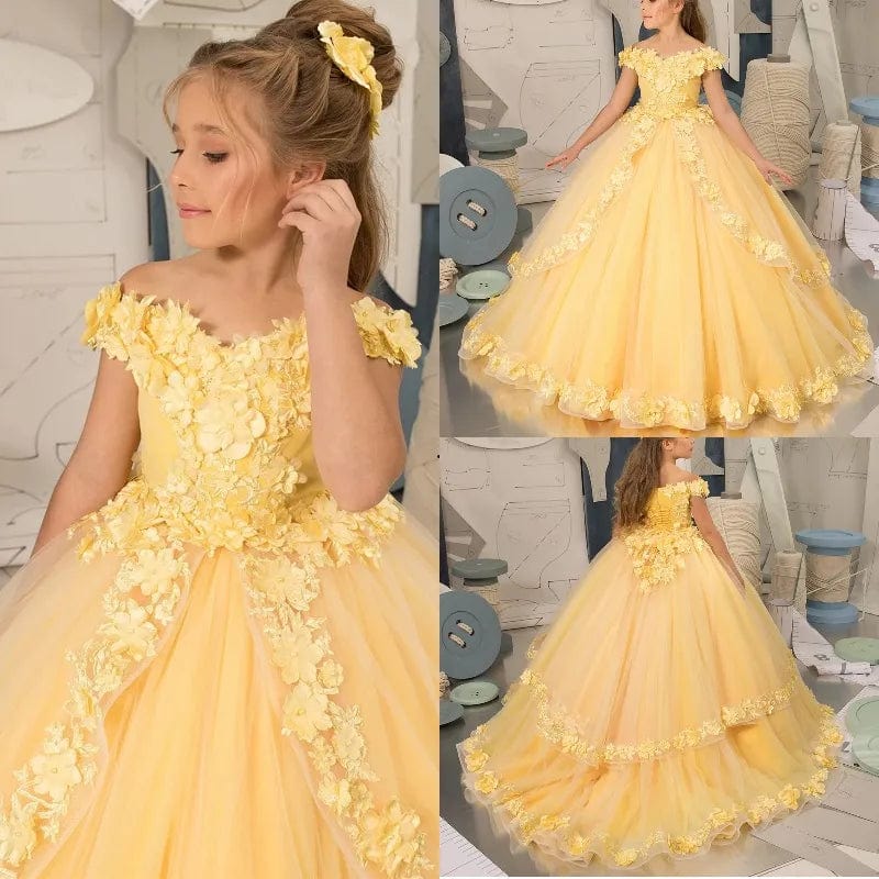  Showlu Fashion Store all ivory / Child-2 Yellow Flower Girls Dresses Appliques Lace Corset Back Girls Pageant Birthday Prom Gown First Communion Gowns