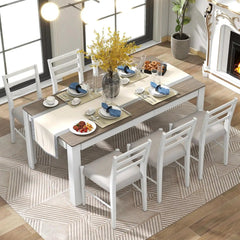 SHOWLU FASHION STORE Antique White brown / United States 7-Piece Kitchen Dining Table Set for 6, Wood Kitchen Table and 6 Upholstered Chairs with Backrest