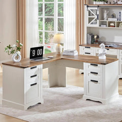 SHOWLU FASHION STORE Antique White / United States Office Furniture Desk Sets , 60Farmhouse L Shaped Executive Desk With Drawers Wood Home Office Cornenr Desk With Charging Statio