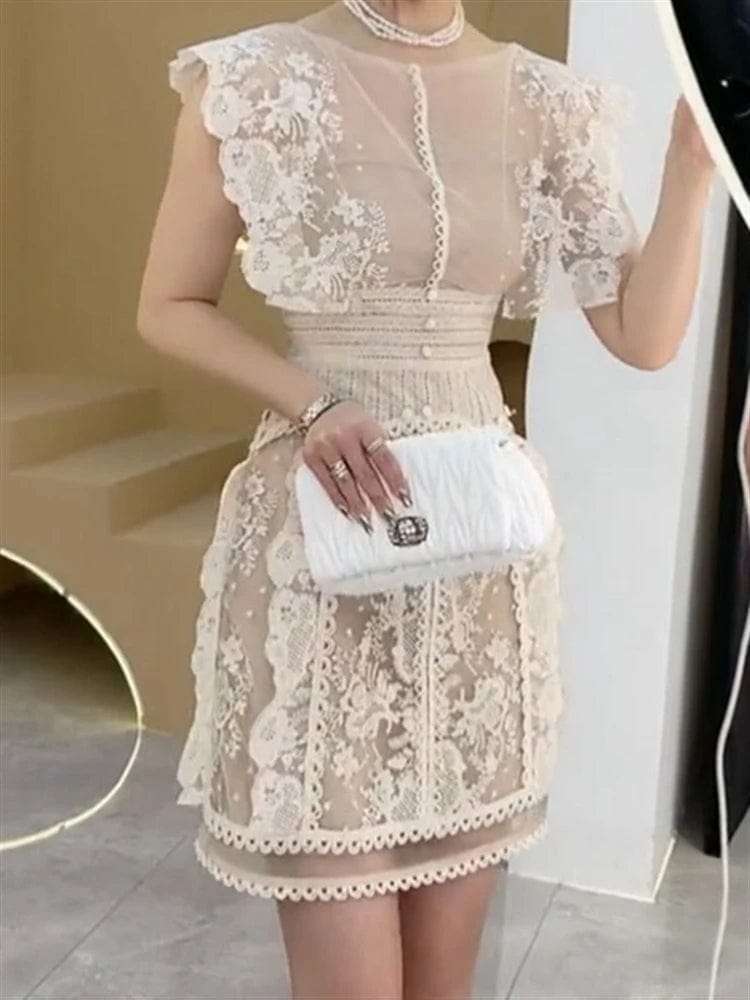  Showlu Fashion Store APRICOT / L Summer Party Runway Sleeveless Sexy Backless Dress Lace Embroidery Beach Sundress Women 2022 Boho Solid Woman Dresses Female