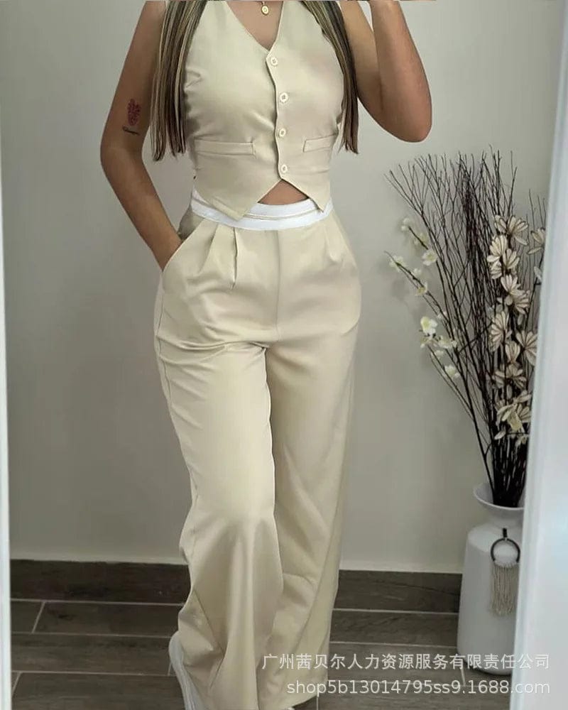 SHOWLU FASHION STORE apricot / L Vest Top & Pants Set Women Two Piece Sets Long Pants Set Sleeveless Tops High Waist Straight Pant Elegant Casual Y2k