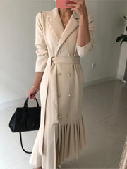  Showlu Fashion Store Apricot / One Size Spring Autumn Women Korean Fashion Solid Suits Dress Double Breasted Long Sleeve Vestdios Elegant Office Lady Blazer Robe