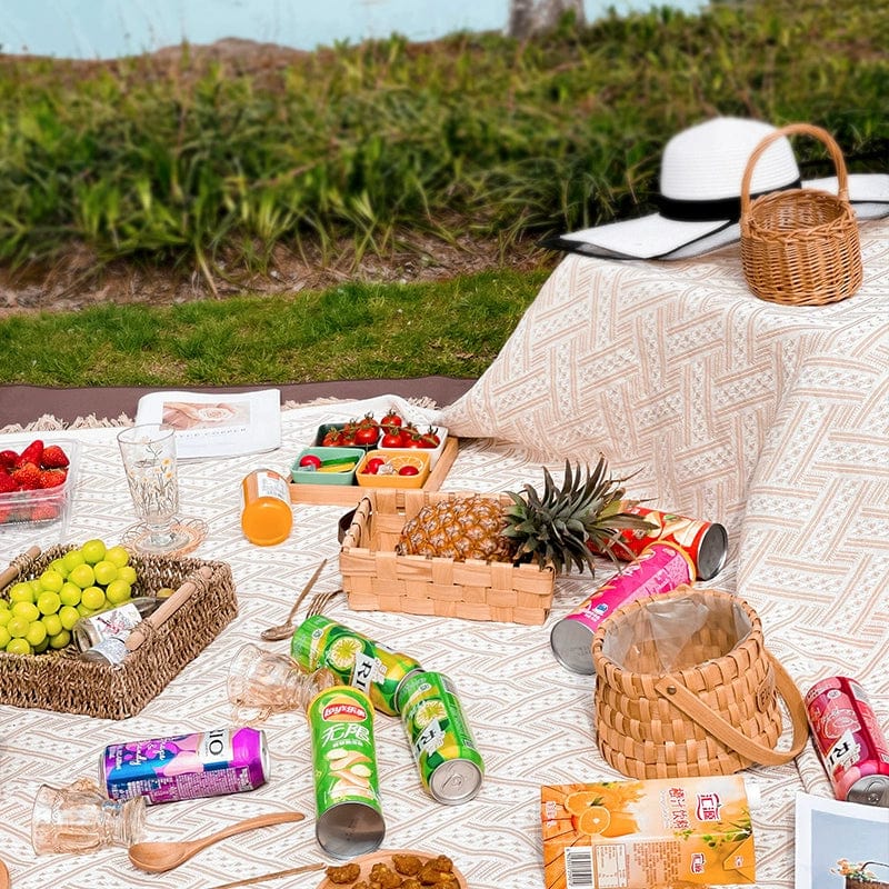 Red geometric M.J.HONG picnic blanket by Showlu Fashion Store, moisture-proof lawn mat perfect for outdoor picnics with 1-10 people.