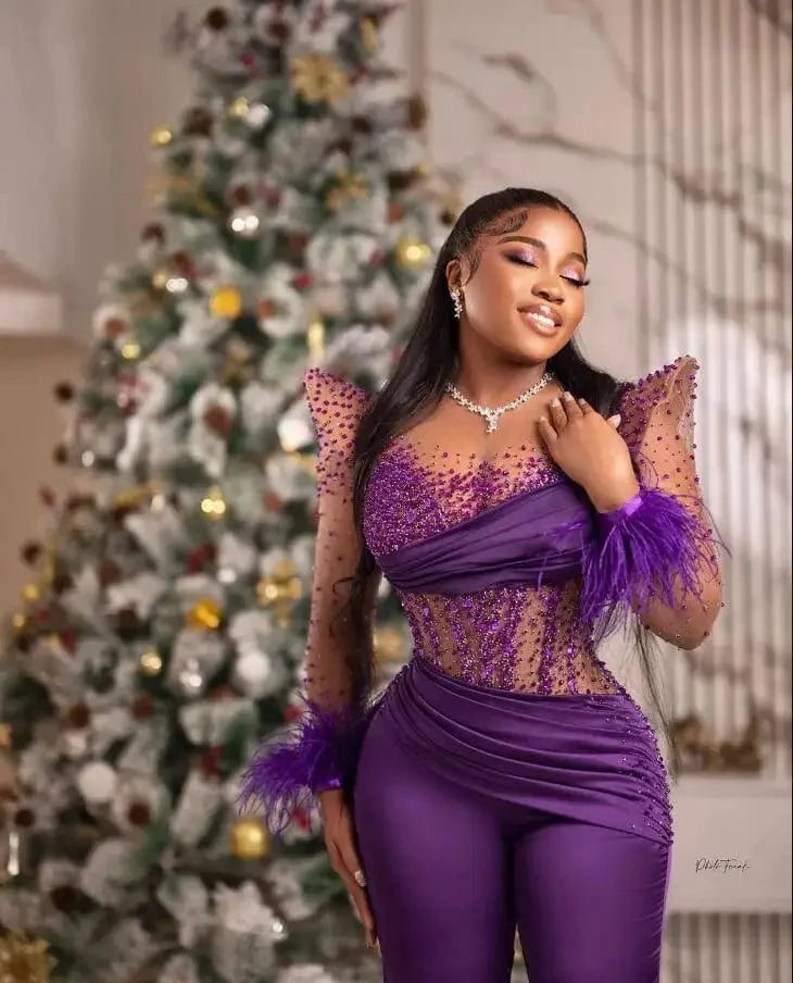 Purple SHOWLU Arabic Aso Ebi jumpsuit with feather long sleeves, elegant prom gown and pant suit, perfect for evening events.