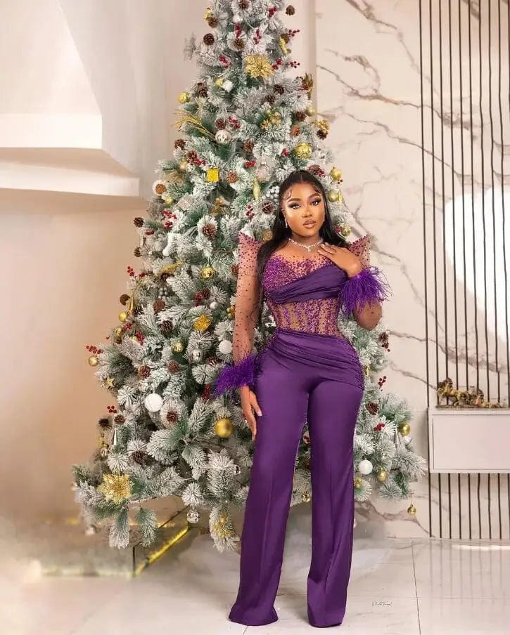 Purple SHOWLU Arabic Aso Ebi jumpsuit with feather long sleeves, elegant prom gown style, illusion details, and plus size option.