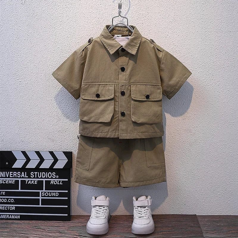  Showlu Fashion Store Army Green / 3 Years Size 100 Kids Summer New Boys Suit Child Buttons Shirt Cargo Shorts Multi-pocket Workwear 2024 Suit Short Sleeve Shorts Cotton Set