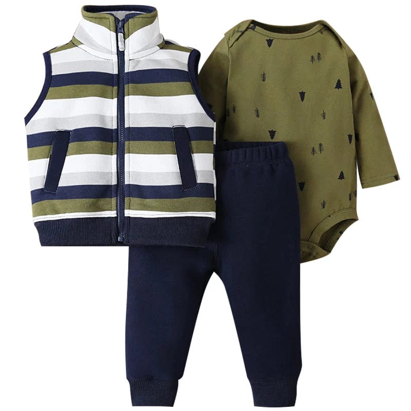 Showlu Fashion Store Army Green / 6M 3Piece Spring Autumn Toddler Boy Clothing Korean Casual Fashion Stripe Vest+Bodysuit+Pants Baby Costume Newborn Clothes BC1457