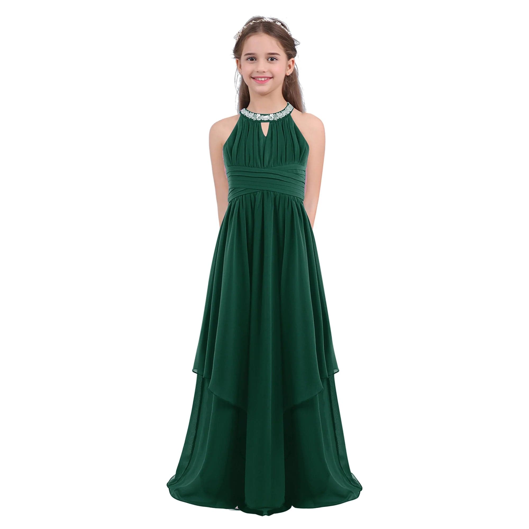 SHOWLU FASHION STORE Army Green / 8 Chiffon Flower Girls Dress Floor-Length Sleeveless Wedding Party Dress Sequined Halter Flower Girl Dress Princess Pageant Dress