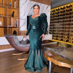 SHOWLU FASHION STORE army green / CHINA / L New Product luxury evening dresses Sequin mesh african party dresses woman elegant fishtail african woman dressdress