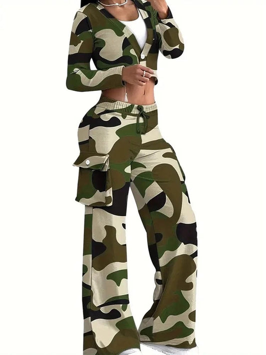 SHOWLU FASHION STORE Army Green / S Camouflage Printed Casual Set Fashionable Sexy Short Top Casual Pants Two-piece Set Women's Sports Suit Outdoor Clothing