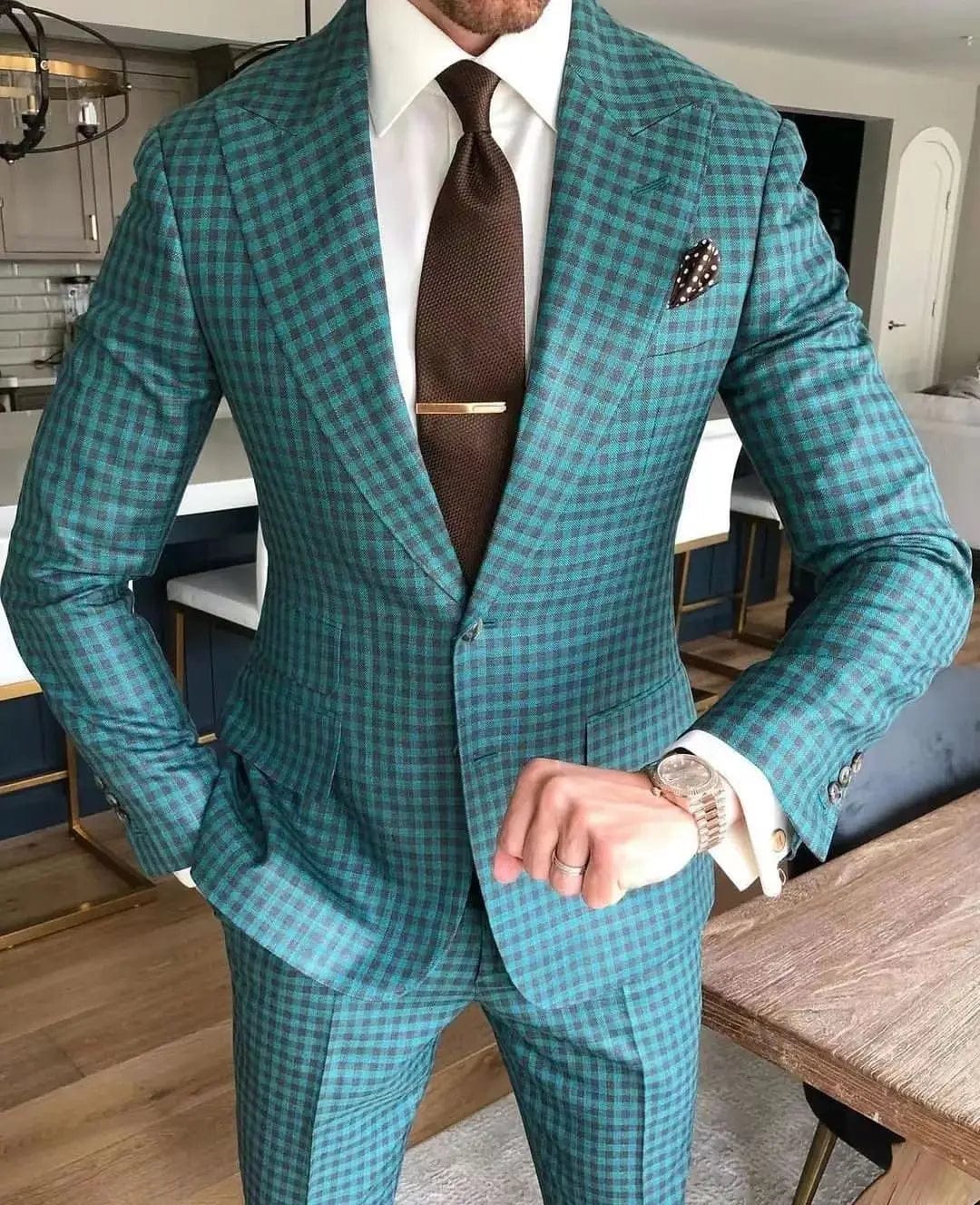 Dark green check slim fit men's wedding suit with one button and tailored fit, featuring a two-piece design and elegant style.