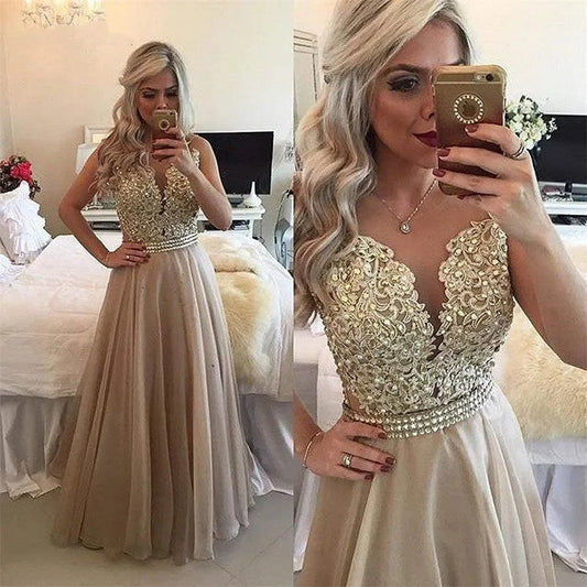 SHOWLU FASHION STORE as photo 2 / CHINA / Custom size LZPOVE 2023 New Chiffon Beaded Lace Applique Prom Dress Sheer Back Sleeveless Formal Gown O-Neck Floor Length Evening Dresses