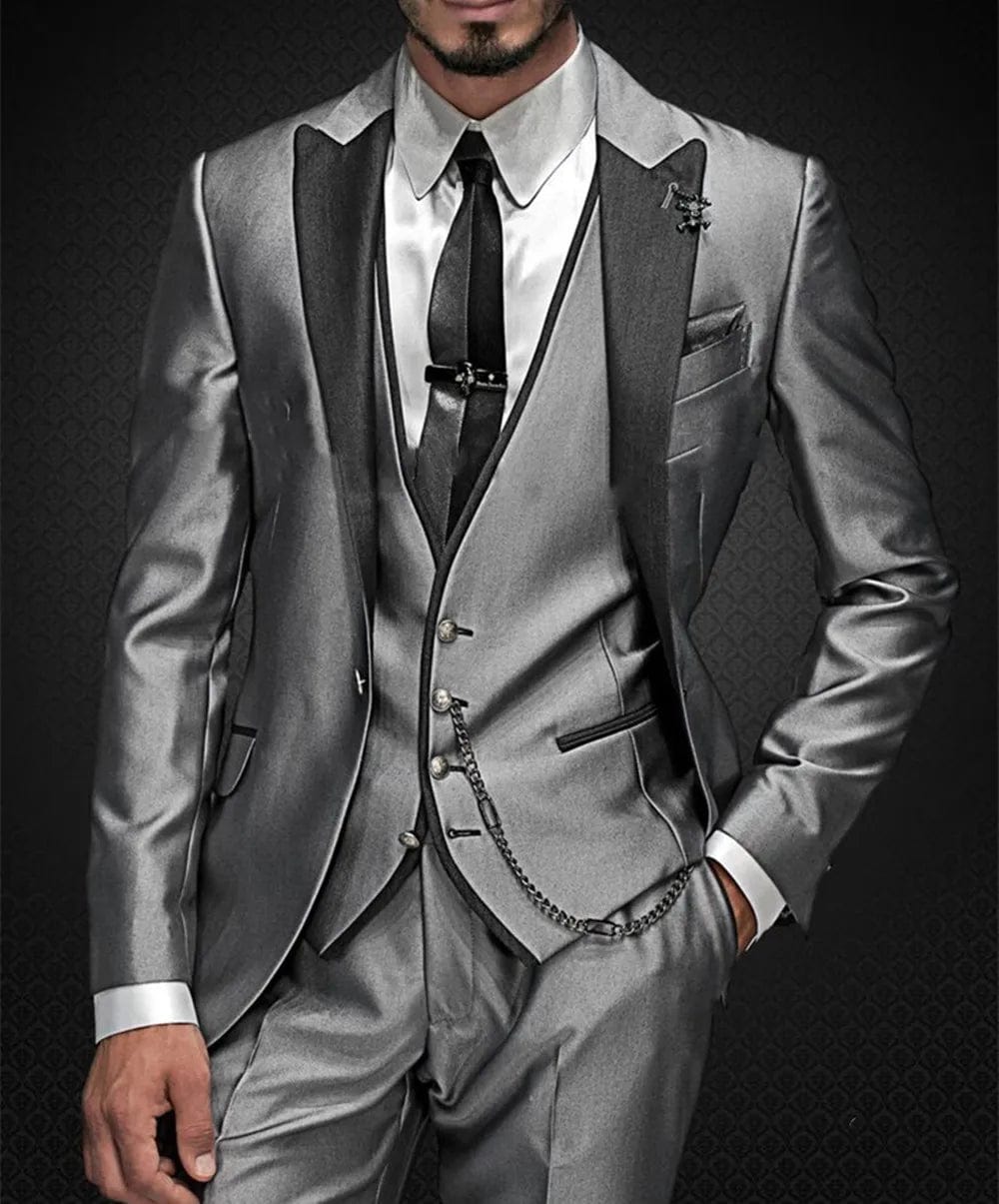  Showlu Fashion Store as picture 1 / 5XL Shiny Grey Men Suits With Embroidery Groomsmen Groom Tuxedos Wedding Best Blazer Sets 3 Pieces (Jacket+Pants+Vest) Costume Homme