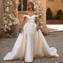 SHOWLU FASHION STORE As picture / 12 Elegant Satin Wedding Dresses with Detachable Train Fashion Off The Shoulder Flowers Pleat Sweep Train Mermaid Bride Dresses