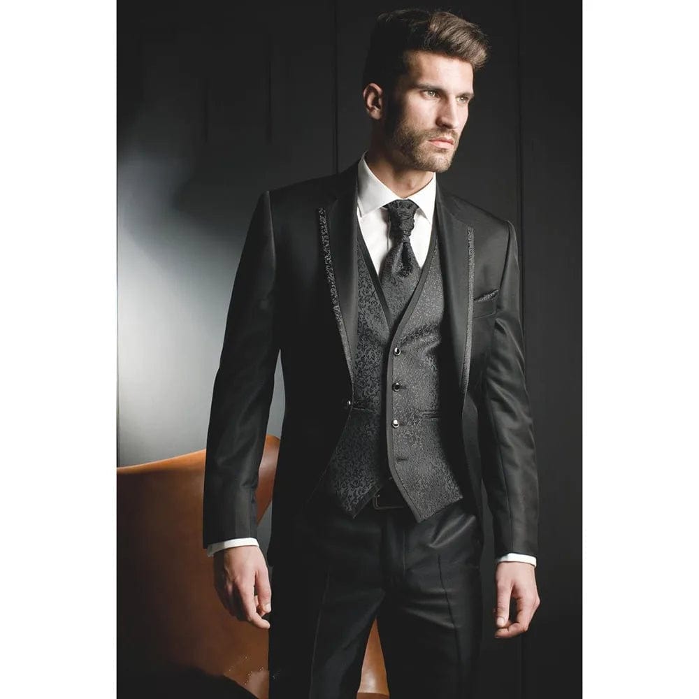  Showlu Fashion Store as picture 6 / 5XL Shiny Grey Men Suits With Embroidery Groomsmen Groom Tuxedos Wedding Best Blazer Sets 3 Pieces (Jacket+Pants+Vest) Costume Homme