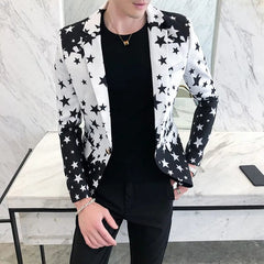  Showlu Fashion Store As picture / Asian M 45-52KG Star Print Slim Fit Blazers New Men's Club Dress Groom Tuxedo Men's Formal Wedding Prom Suit Jacket Brand Costume Homme