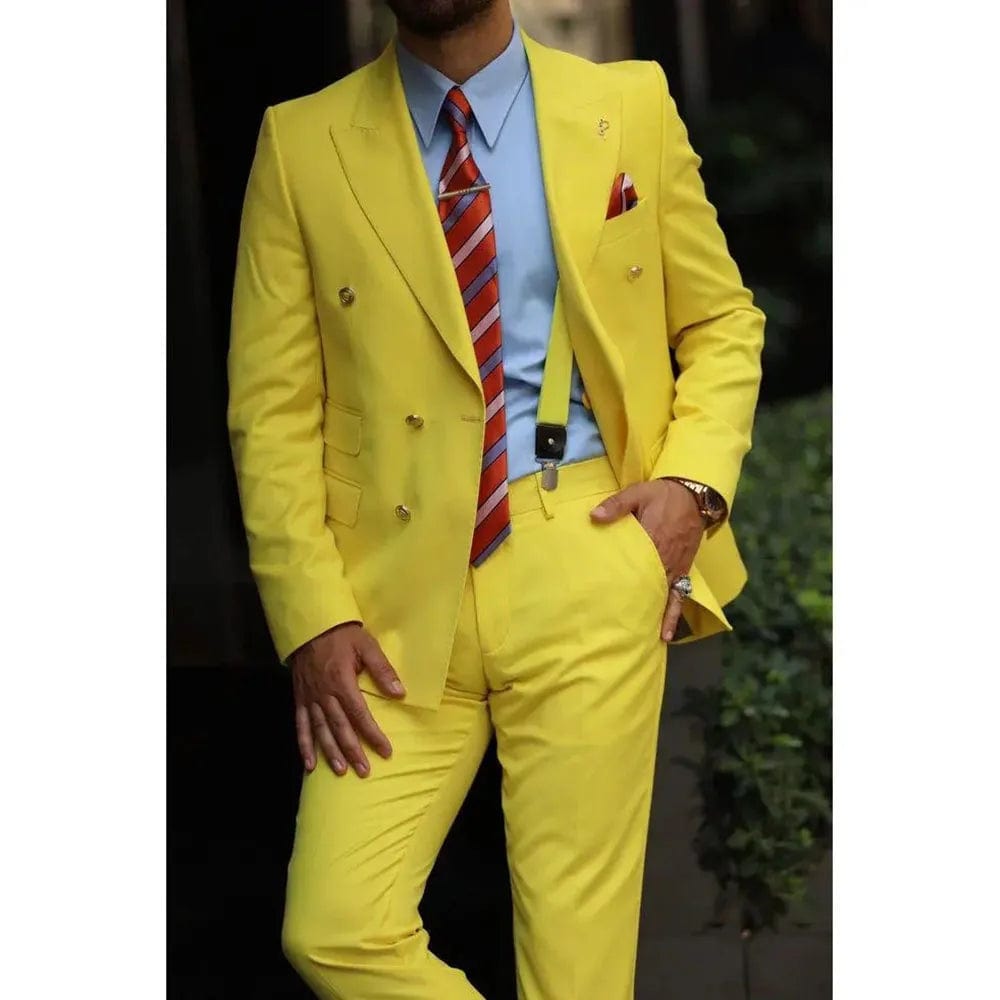 SHOWLU FASHION STORE as picture / S Fashion Yellow Men's Suits Double Breasted Notch Lapel 2 Piece (Jacket+Pants) Costume Homme Wedding Party Office Blazer Set