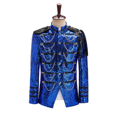 SHOWLU FASHION STORE as show 2 / M Black Sequin Coat Steampunk Blazer Stand Collar Fringe Design Blazer Nightclub Costume Party Prom Rock Outfit Blue Stage Clothes