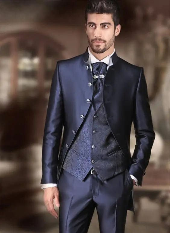 SHOWLU FASHION STORE As the image / L New Formal Men Suit Navy Blue 3 Piece(Jacket+Pants+Vest) Wedding Suits For Male Jacquard Slim Fit  For Groom Custom Set