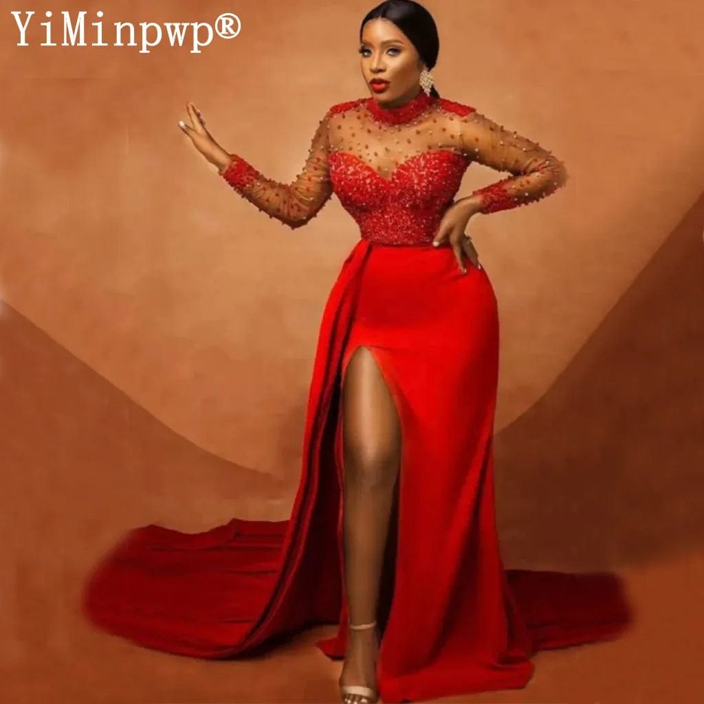 SHOWLU FASHION STORE Aso Ebi Red Mermaid Evening Dresses Long Sleeve Side Split Pearls Beads Illusion Africa Formal Dress robes de soriee Customized