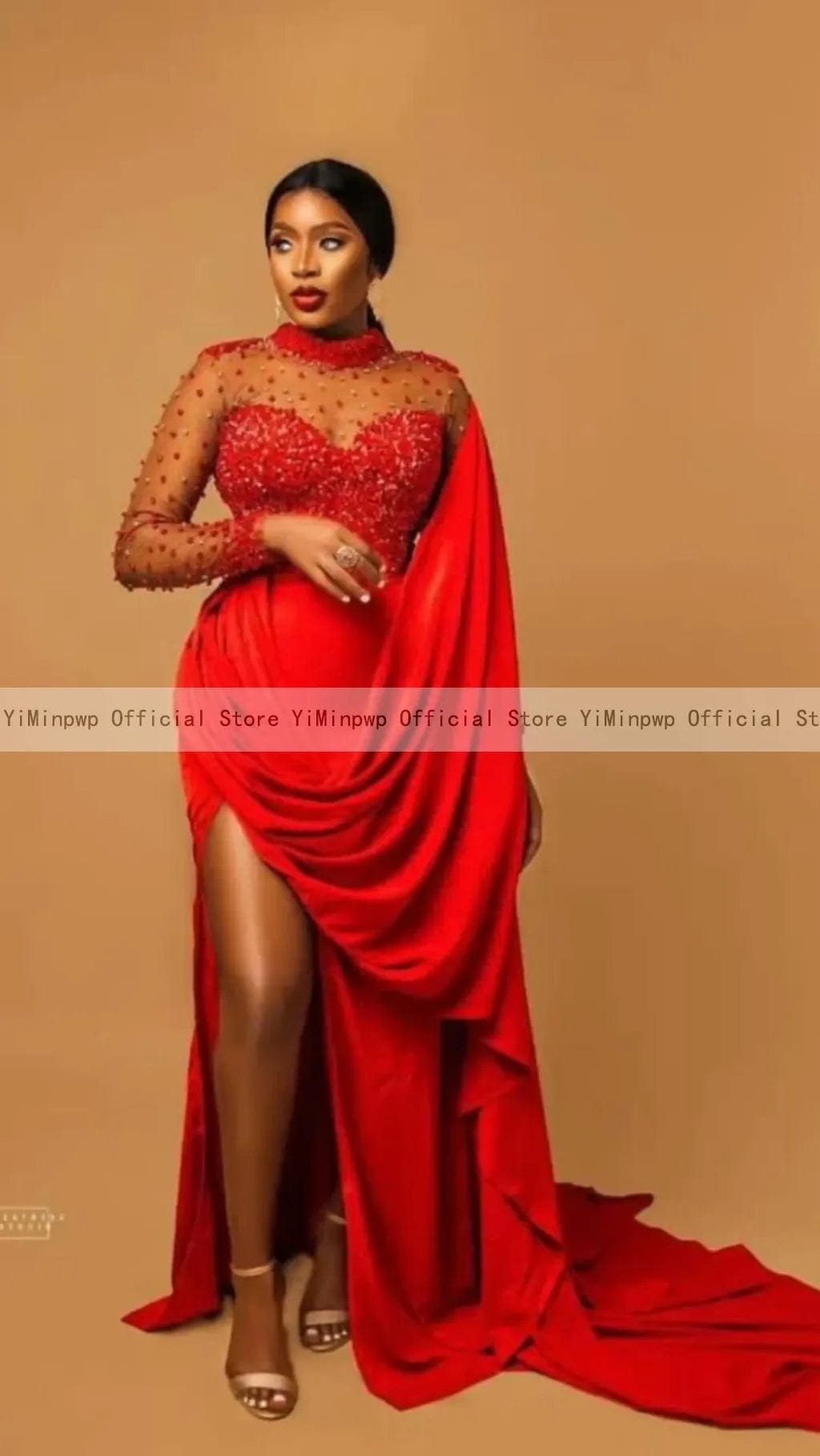 SHOWLU FASHION STORE Aso Ebi Red Mermaid Evening Dresses Long Sleeve Side Split Pearls Beads Illusion Africa Formal Dress robes de soriee Customized