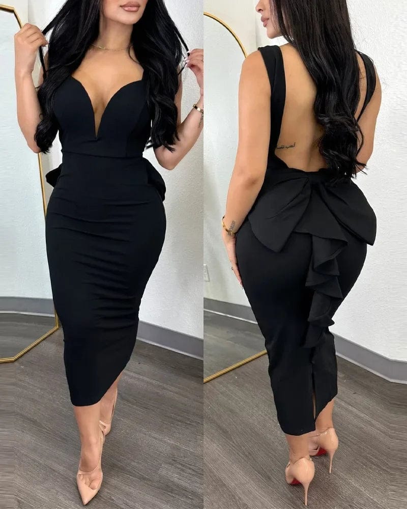 Showlu Fashion Store Autumn 2023 Vestidos Sexy Party Dresses Women Plunging V-neck Sleeveless Backless Bowknot Ruffles Back Bodycon Midi Dress