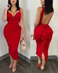 Showlu Fashion Store Autumn 2023 Vestidos Sexy Party Dresses Women Plunging V-neck Sleeveless Backless Bowknot Ruffles Back Bodycon Midi Dress